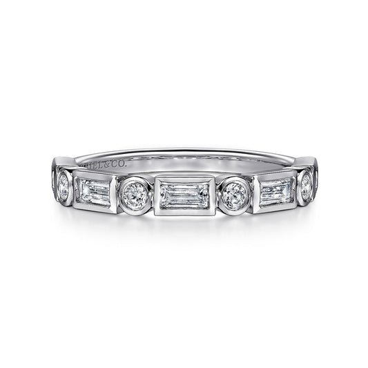 14K White Gold Bezel Set Baguette and Round Diamond Anniversary Band