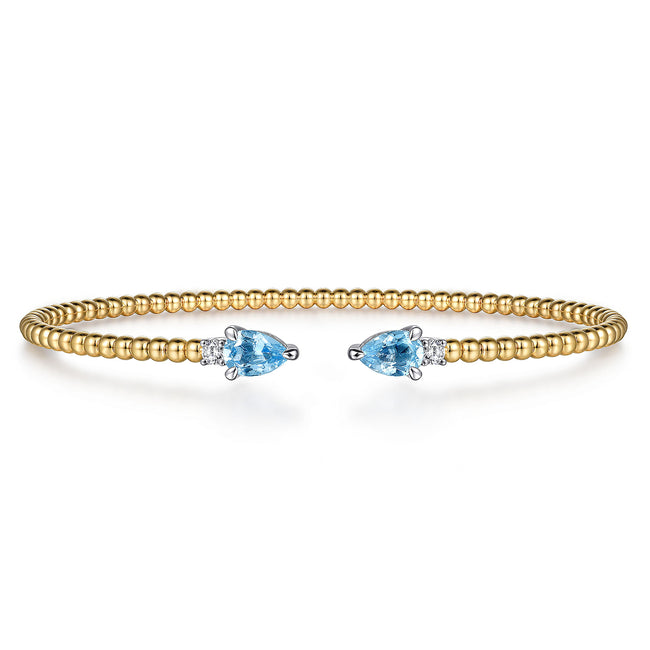14K White & Yellow Gold Bujukan Open Cuff Bracelet with Blue Topaz and Diamond End Caps
