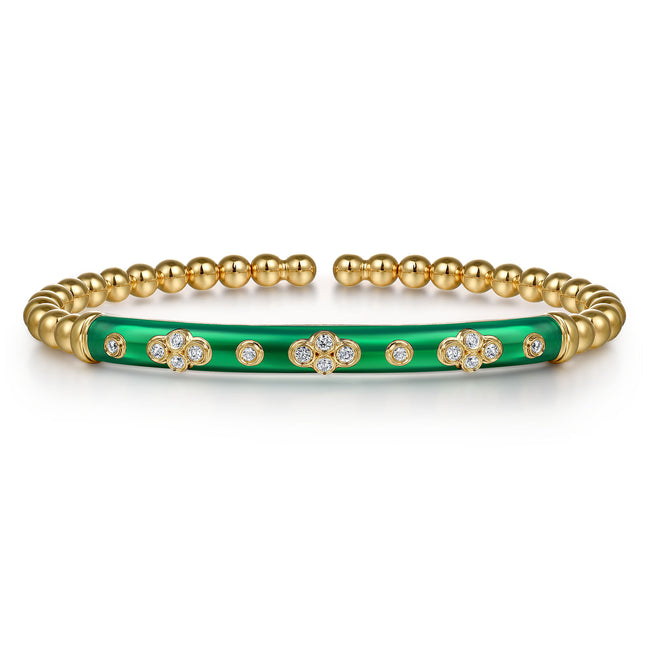 14K Yellow Gold Bujukan Beads and Diamond Split Bangle Bracelet with Chrome Green Enamel