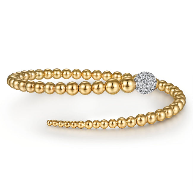14K White & Yellow Gold Graduating Bujukan Beads and Pave Diamond Split Bangle Bracelet