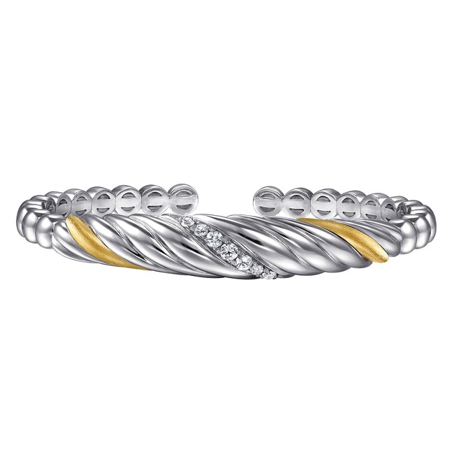 14K Yellow Gold and 925 Sterling Silver Bujukan White Sapphire Scallop Open Bangle