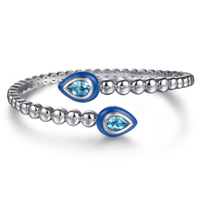 925 Sterling Silver Bujukan Blue Topaz Bypass Bangle Bracelet with Deep Blue Enamel