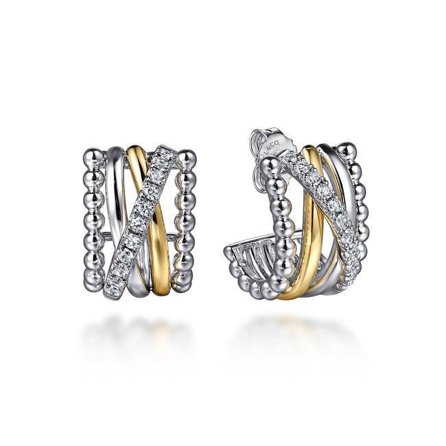 925 Sterling Silver and 14K Yellow Gold Bujukan White Sapphire Criss Cross J Hoop Earrings