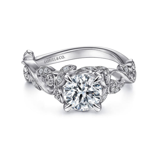 14K White Gold Floral Round Diamond Engagement Ring