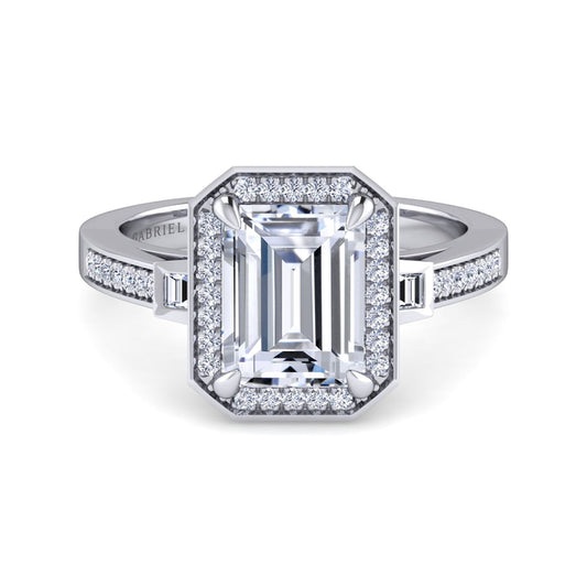 14K White Gold Emerald Three Stone Halo Diamond Engagement Ring