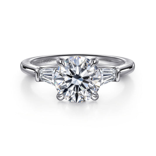 14K White Gold Round Three Stone Lotus Diamond Engagement Ring