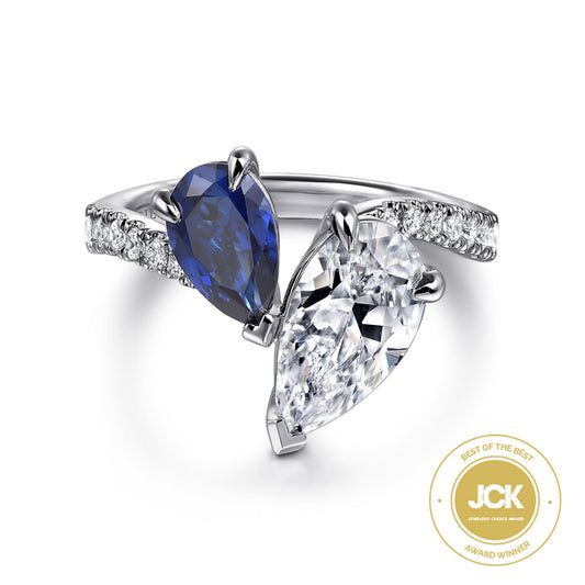 14K White Gold Toi et Moi Pear Shape Sapphire and Diamond Engagement Ring