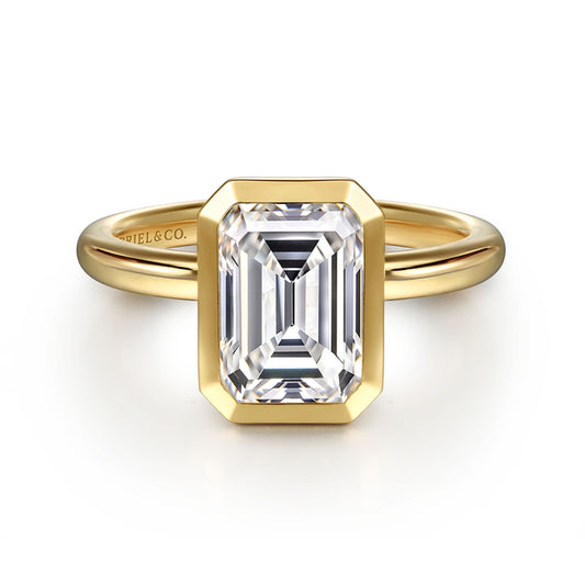 14K Yellow Gold Emerald Cut Bezel Set Diamond Engagement Ring