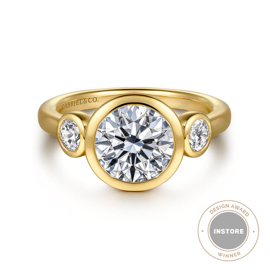 14K Yellow Gold Round Three Stone Bezel Set Diamond Engagement Ring