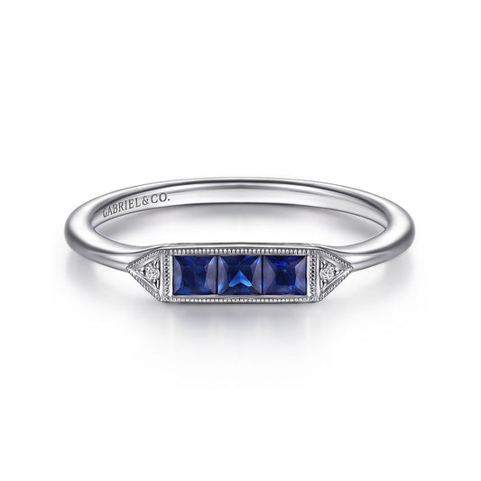 14K White Gold Diamond and Trio Princess Cut Sapphire Ladies Ring
