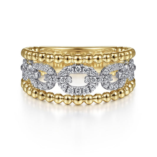 14K White-Yellow Gold Pavé Diamond Link and Bujukan Bead Ring