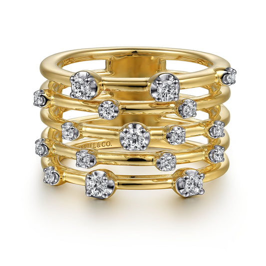 14K Yellow Gold Multi Row Diamond Wide Band Ring