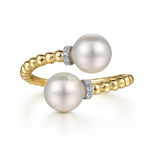 14K White-Yellow Gold Diamond and Pearl Bujukan Bypass Ring