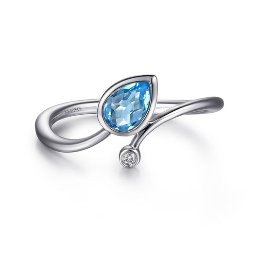 925 Sterling Silver Blue Topaz Teardrop Bypass Ring