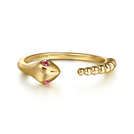 14K Yellow Gold Bujukan And Ruby Snake Open Ring