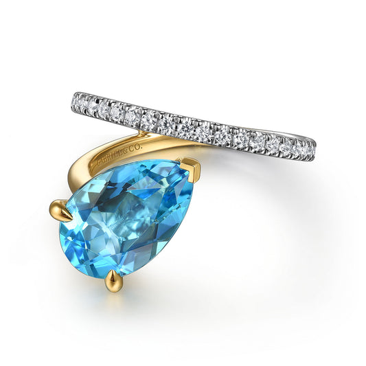 14K White & Yellow Gold Diamond and Blue Topaz Bypass Ring