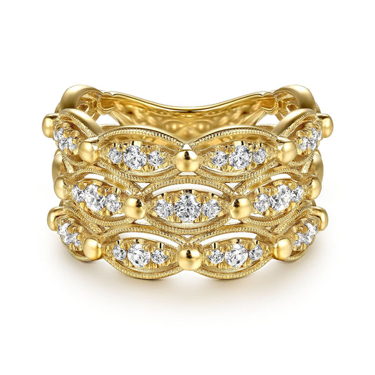 14K Yellow Gold Bujukan Multi Row Diamond Wide Band Ring