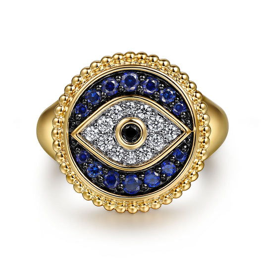 14K Yellow Gold Bujukan Diamond and Multi Stones Evil Eye Signet Ring