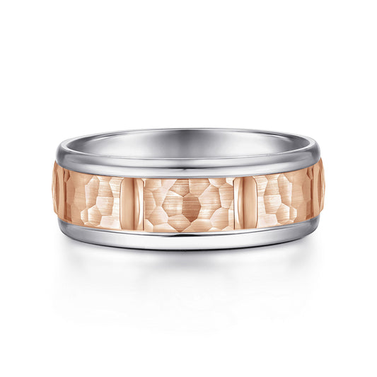 14K White-Rose Gold 7mm - Hammered Station Men's Wedding Band