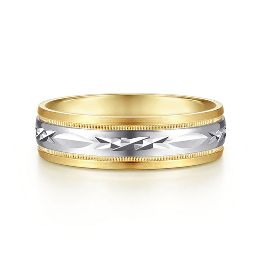14K White-Yellow 6mm - Engraved Men's Wedding Band in Satin Finish
