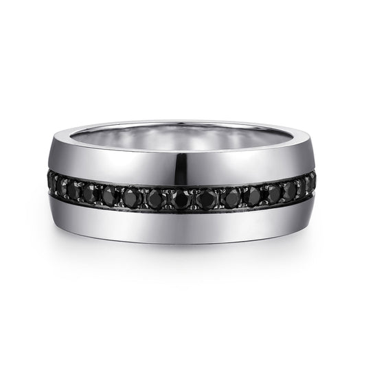 14K White Gold and Black Diamond Men's Band in High Polished Finish