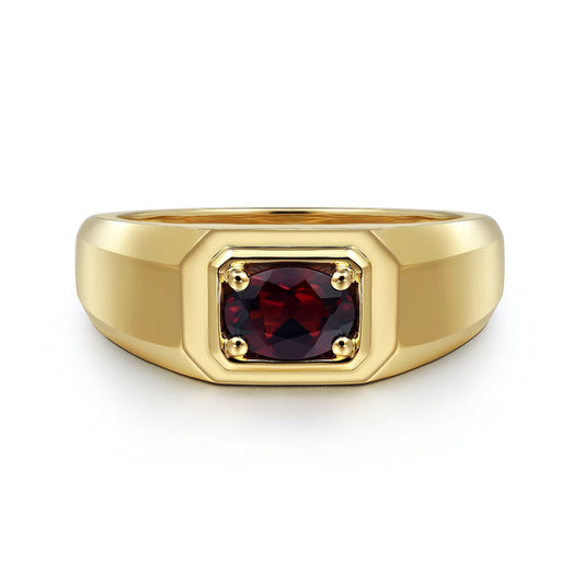 14K Yellow Gold Garnet Mens Ring in Sand Blast Finish
