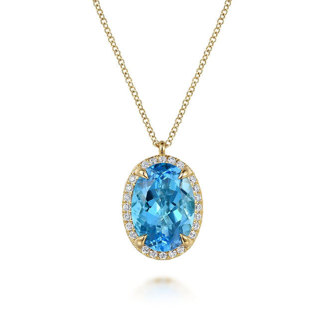 14K Yellow Gold Diamond and Oval Shape Blue Topaz Necklace With Flower Pattern J-Back