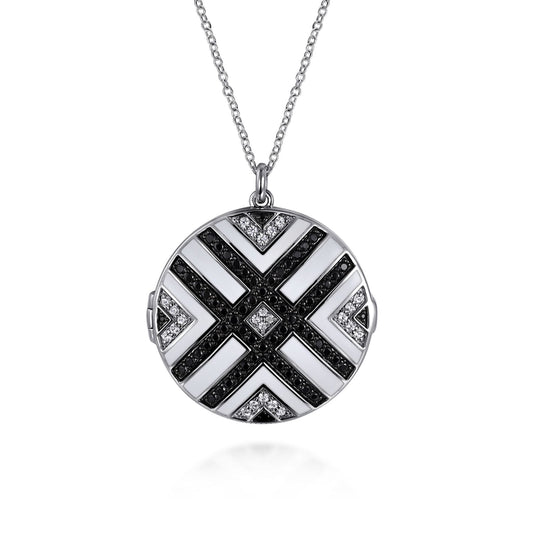 925 Sterling Silver White Sapphire and Black Spinel with White Enamel Locket