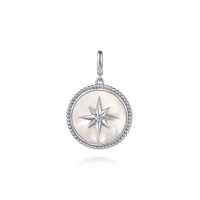 925 Sterling Silver Bujukan White Sapphire and Mother Of Pearl Round Starburst Medallion Pendant.