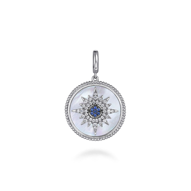 925 Sterling Silver Starburst Blue Sapphire and White Sapphire Bujukan Medallion Pendant in size 24mm