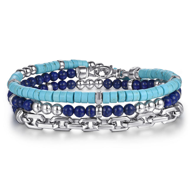 925 Sterling Silver Turquoise Cylinder Beads and Round Lapis and White Sapphire with Link Chain Bracelet