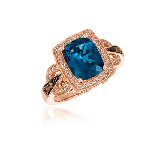 Le Vian Chocolatier® Ring featuring 3 cts. Deep Sea Blue Topaz™, 1/15 cts. Chocolate Diamonds®, 1/4 cts. Vanilla Diamonds® set in 14K Strawberry Gold®