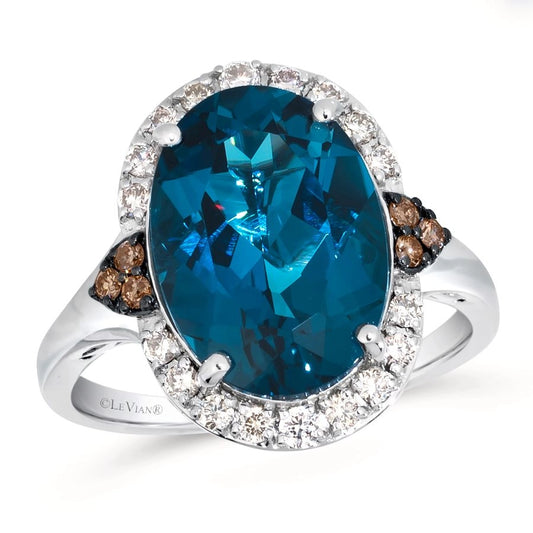Le Vian® Ring featuring 6 1/2 cts. Deep Sea Blue Topaz™, 1/4 cts. Nude Diamonds™, 1/15 cts. Chocolate Diamonds® set in 14K Vanilla Gold®