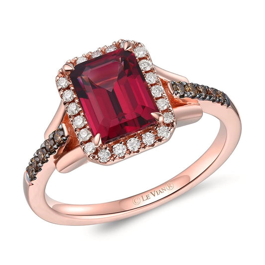 Le Vian® Ring featuring 1 7/8 cts. Raspberry Rhodolite®, 1/10 cts. Chocolate Diamonds®, 1/6 cts. Nude Diamonds™ set in 14K Strawberry Gold®
