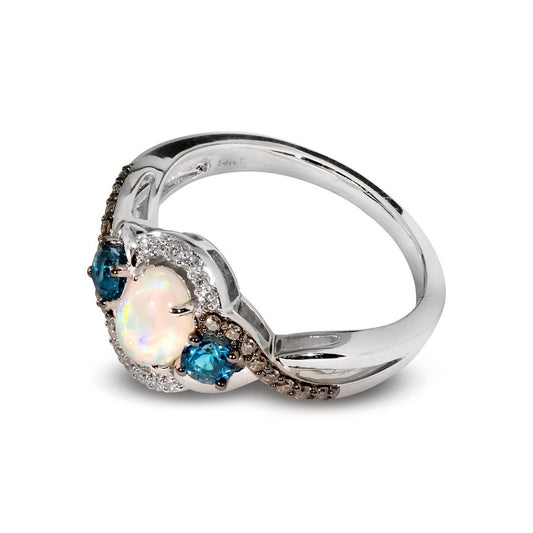 Le Vian Chocolatier® Ring featuring 3/8 cts. Neopolitan Opal™, 1/3 cts. Deep Sea Blue Topaz™, 1/8 cts. Chocolate Diamonds®, 1/20 cts. Vanilla Diamonds® set in 14K Vanilla Gold®