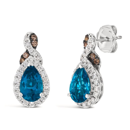 Le Vian® Earrings featuring 1 3/4 cts. Deep Sea Blue Topaz™, 1/15 cts. Chocolate Diamonds®, 1/3 cts. Nude Diamonds™ set in 14K Vanilla Gold®