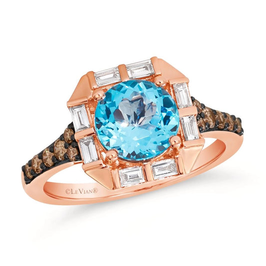 Le Vian Chocolatier® Ring featuring 2 cts. Blue Topaz, 1/4 cts. Chocolate Diamonds®, 1/4 cts. Vanilla Diamonds® set in 14K Strawberry Gold®