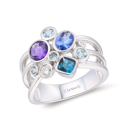 Le Vian® Ring featuring 3/8 cts. Grape Amethyst™, 3/8 cts. Blueberry Tanzanite®, 1/3 cts. Deep Sea Blue Topaz™, 1/4 cts. Sea Blue Aquamarine®, 1/15 cts. Vanilla Diamonds® set in 14K Vanilla Gold®