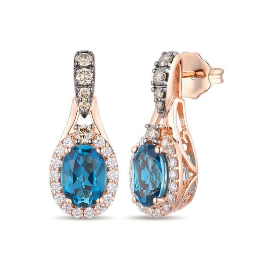 Le Vian Chocolatier® Earrings featuring 1 1/2 cts. Deep Sea Blue Topaz™, 1/4 cts. Chocolate Diamonds®, 1/4 cts. Vanilla Diamonds® set in 14K Strawberry Gold®