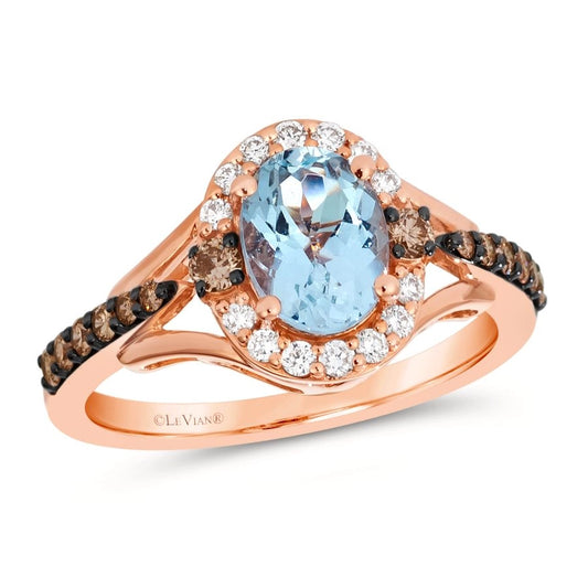 Le Vian Chocolatier® Ring featuring 1 cts. Sea Blue Aquamarine®, 1/4 cts. Chocolate Diamonds®, 1/6 cts. Vanilla Diamonds® set in 14K Strawberry Gold®