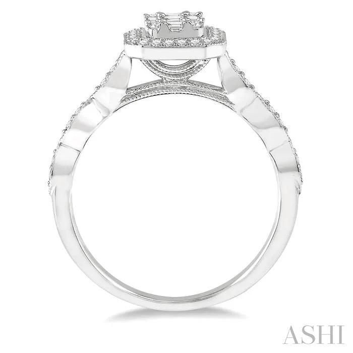 Emerald Shape Halo Fusion Diamond Engagement Ring