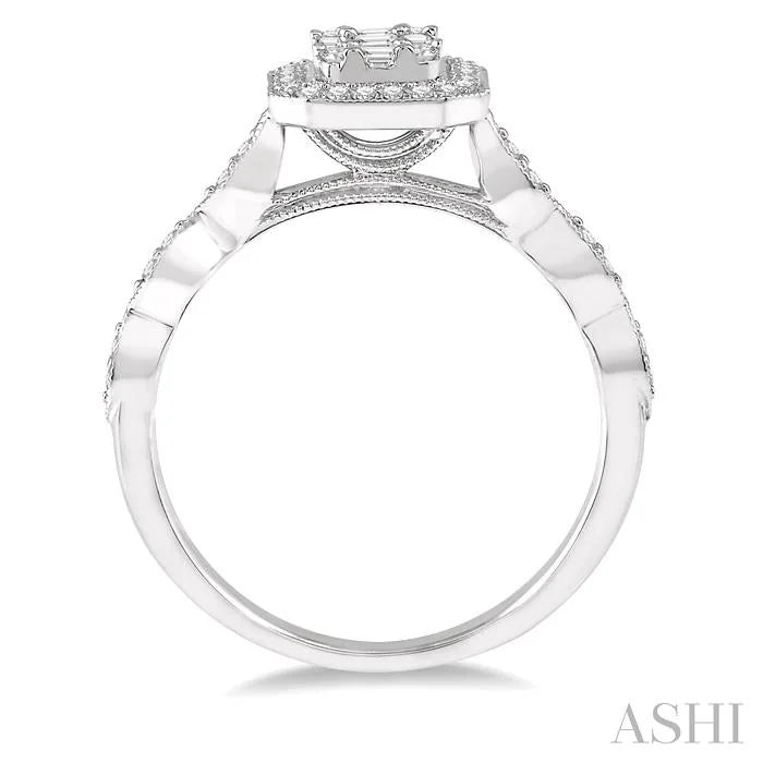 Emerald Shape Halo Fusion Diamond Engagement Ring