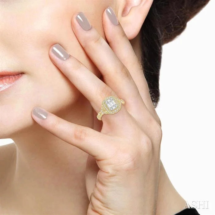 Emerald Shape Halo Fusion Diamond Engagement Ring