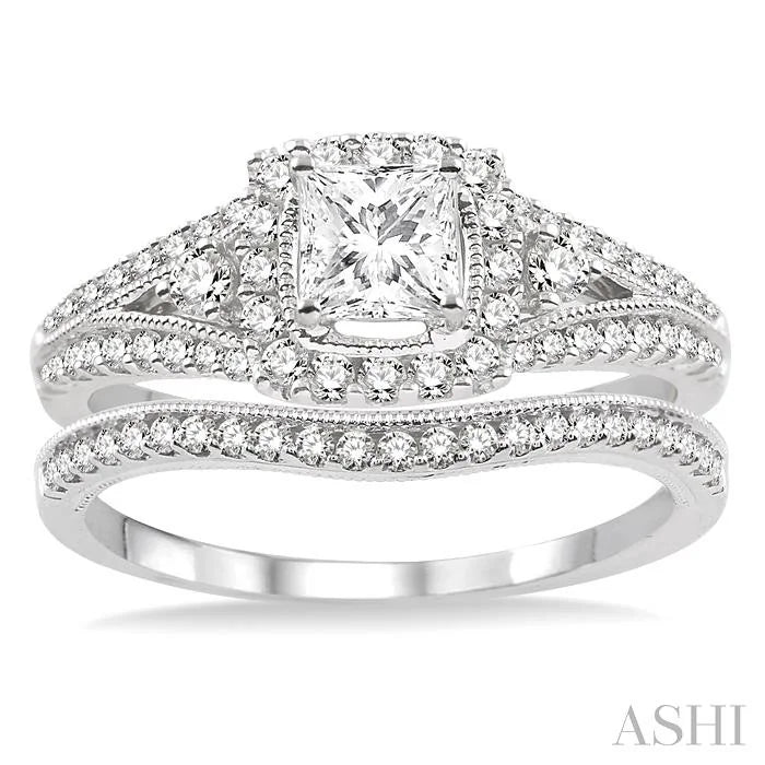 Princess Shape Halo Diamond Wedding Set