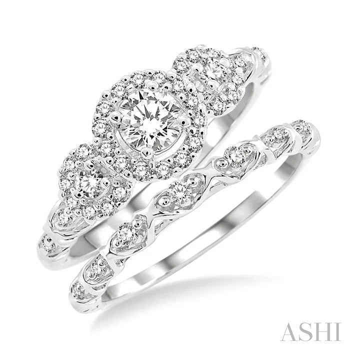 Round Shape Past Present & Future Halo Diamond Wedding Set