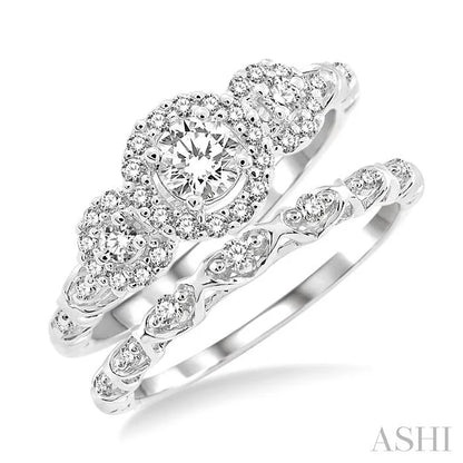Round Shape Past Present & Future Halo Diamond Wedding Set