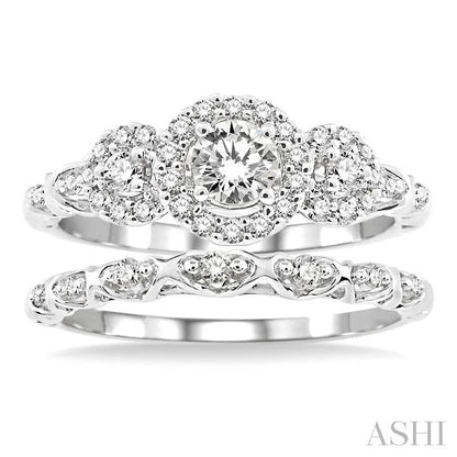Round Shape Past Present & Future Halo Diamond Wedding Set