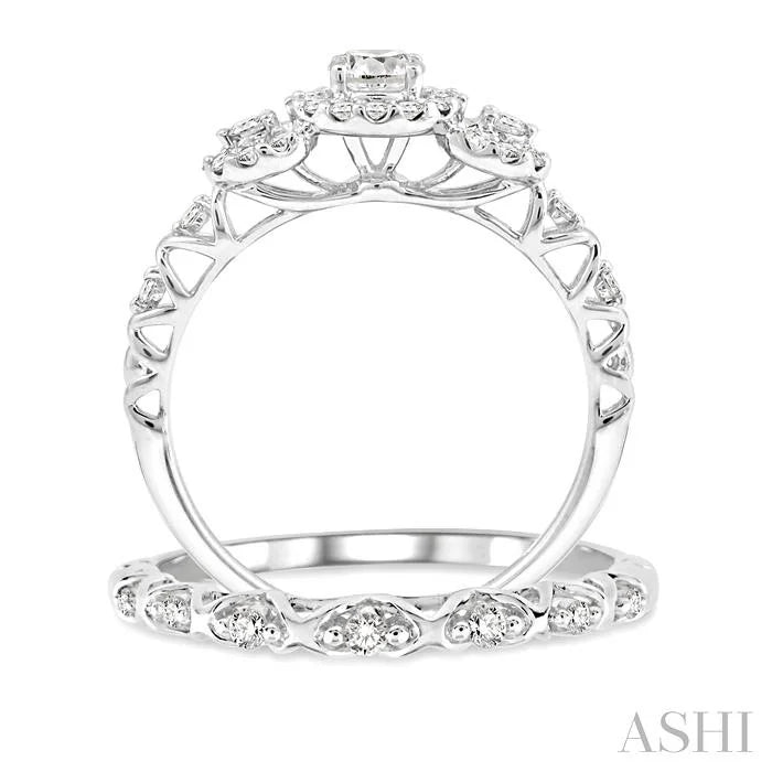Round Shape Past Present & Future Halo Diamond Wedding Set