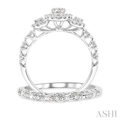 Round Shape Past Present & Future Halo Diamond Wedding Set