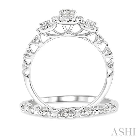 Round Shape Past Present & Future Halo Diamond Wedding Set